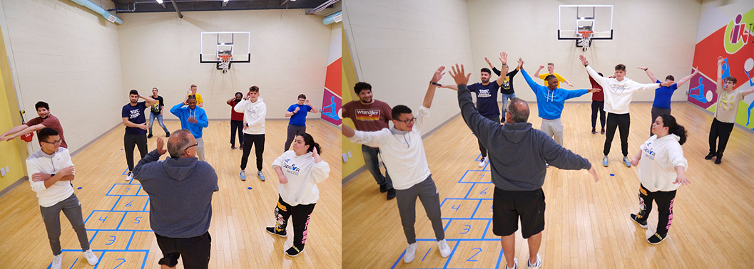 PSU players doing dance moves with the TSC students