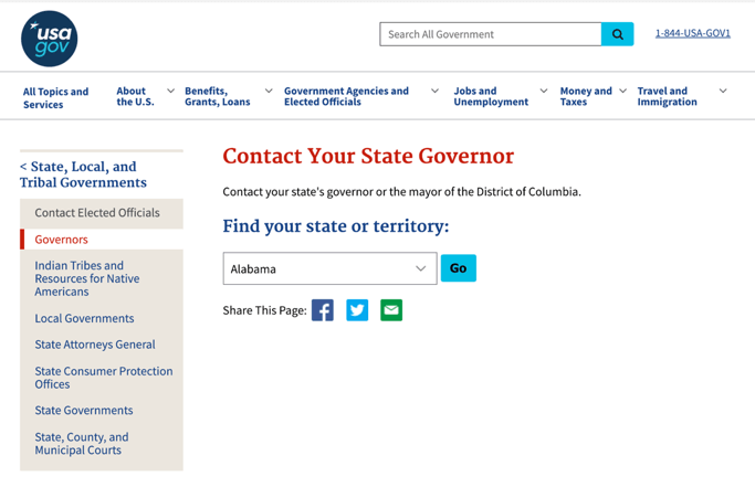 Screenshot of usa.gov website to locate your governor's contact info